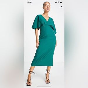 NWT ASOS Design Pleated Blouson Midi Dress In Forest Green Size 4
